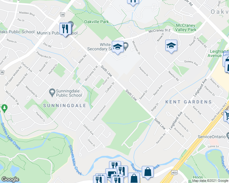 map of restaurants, bars, coffee shops, grocery stores, and more near 25 Osborne Crescent in Oakville