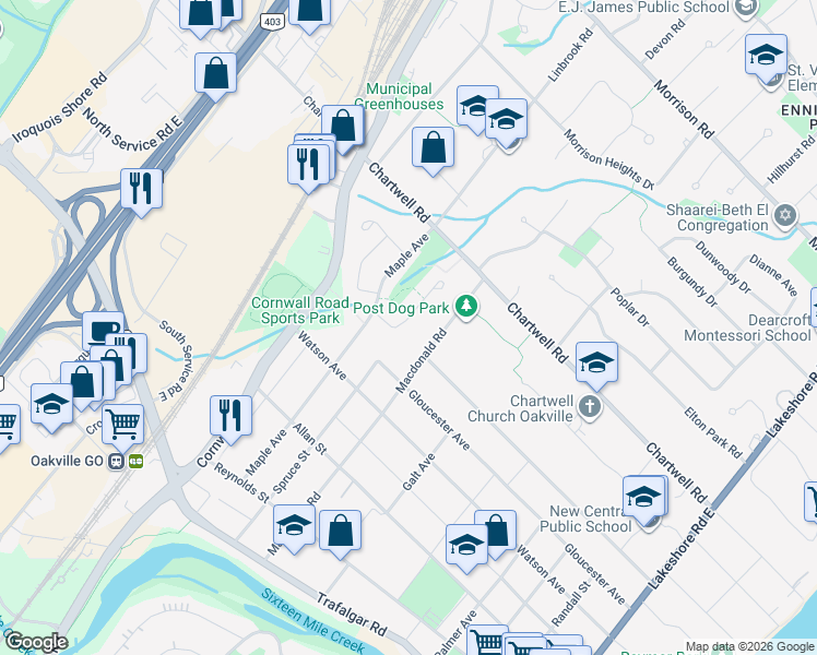 map of restaurants, bars, coffee shops, grocery stores, and more near 478 Anthony Drive in Oakville