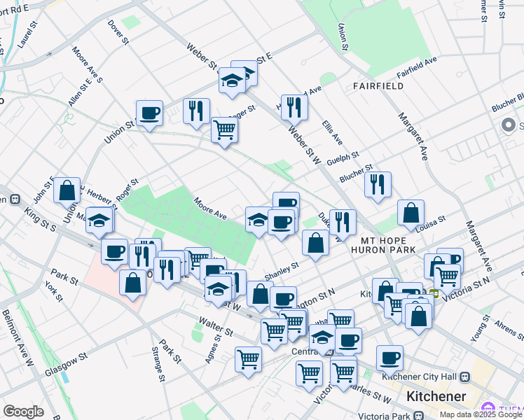 map of restaurants, bars, coffee shops, grocery stores, and more near 40 Guelph Street in Kitchener