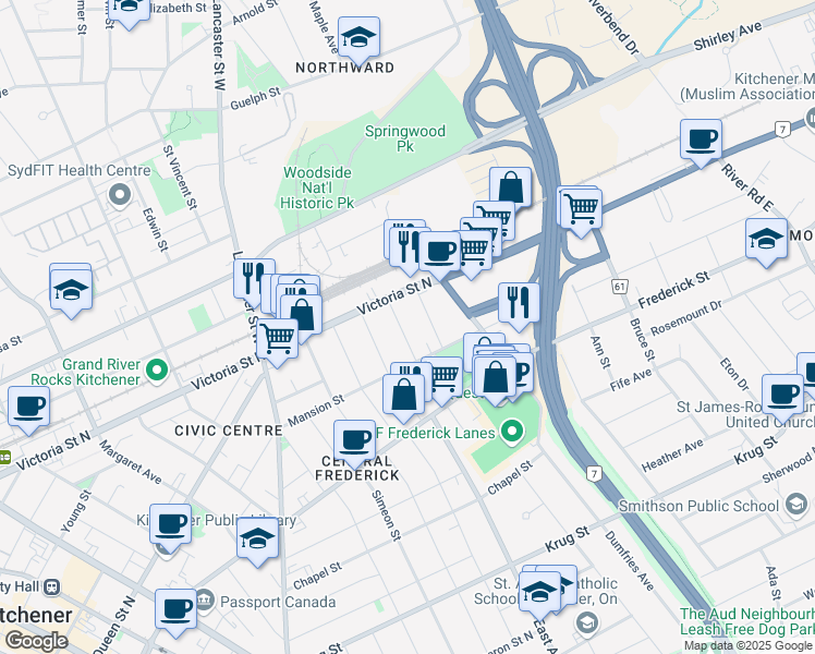 map of restaurants, bars, coffee shops, grocery stores, and more near 34 Dunham Avenue in Kitchener