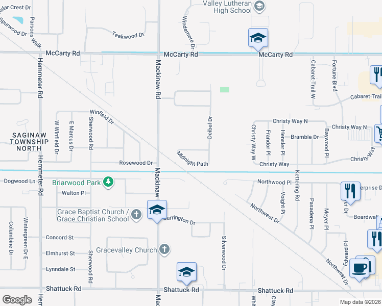map of restaurants, bars, coffee shops, grocery stores, and more near 3867 Mystic Trail in Saginaw