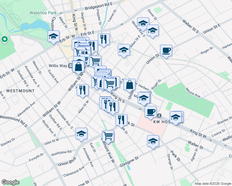 map of restaurants, bars, coffee shops, grocery stores, and more near 214 King Street South in Waterloo