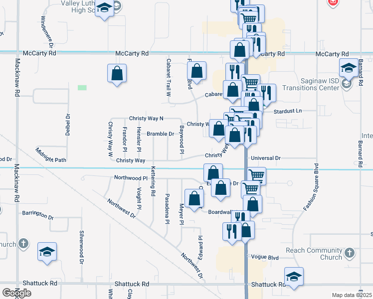 map of restaurants, bars, coffee shops, grocery stores, and more near 3240 Christy Way in Saginaw