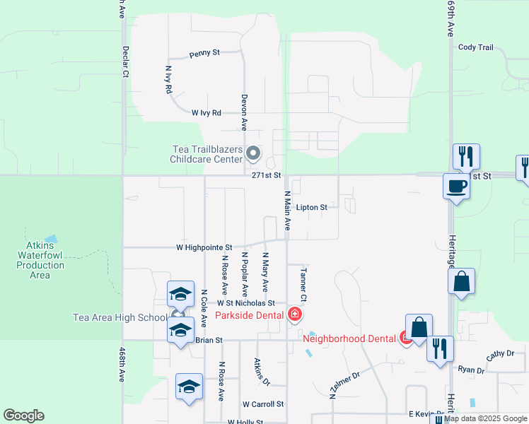 map of restaurants, bars, coffee shops, grocery stores, and more near 1401 North Main Avenue in Tea