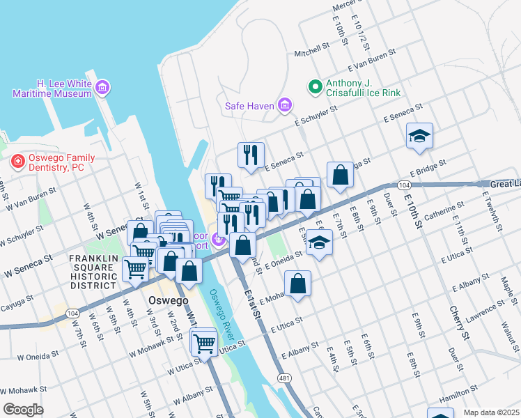 map of restaurants, bars, coffee shops, grocery stores, and more near 36 East Cayuga Street in Oswego