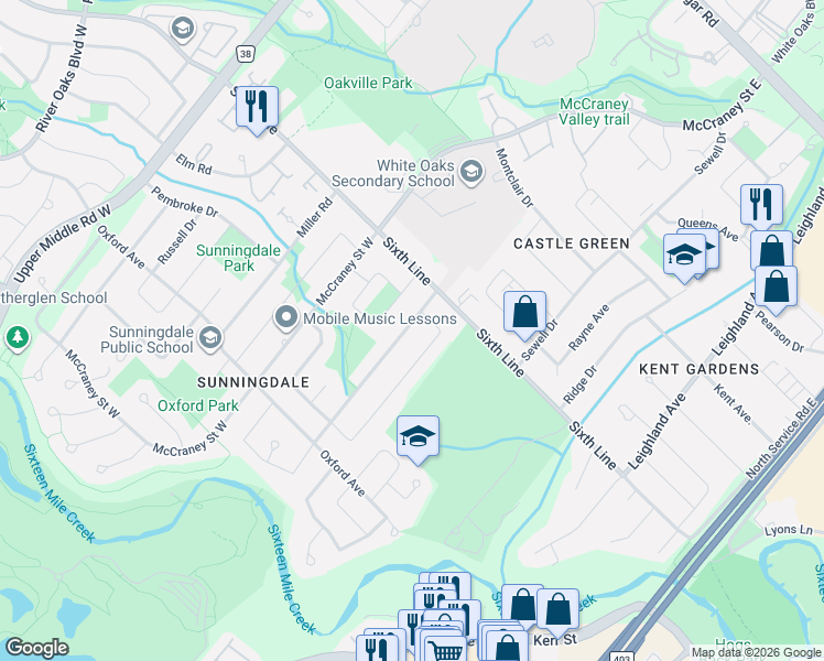 map of restaurants, bars, coffee shops, grocery stores, and more near 34 Culham Street in Oakville