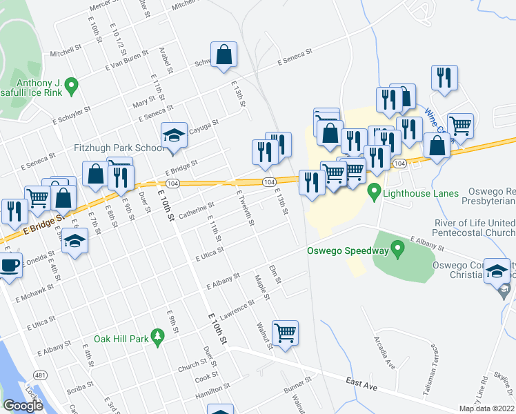 map of restaurants, bars, coffee shops, grocery stores, and more near 182 East Mohawk Street in Oswego