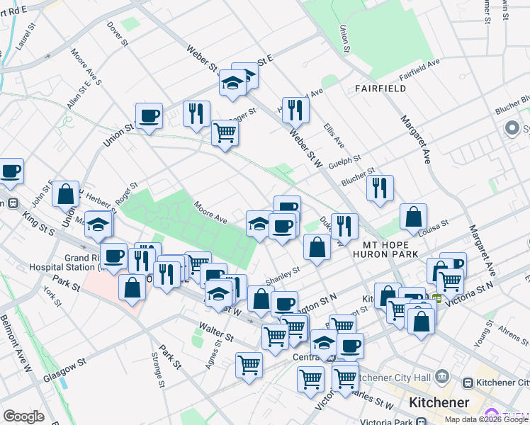 map of restaurants, bars, coffee shops, grocery stores, and more near 37 Guelph Street in Kitchener