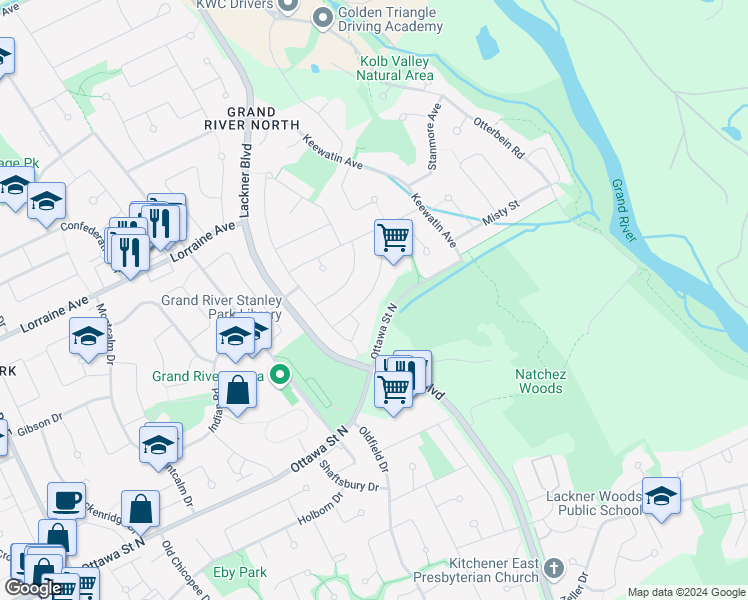 map of restaurants, bars, coffee shops, grocery stores, and more near 57 Brembel Street in Kitchener