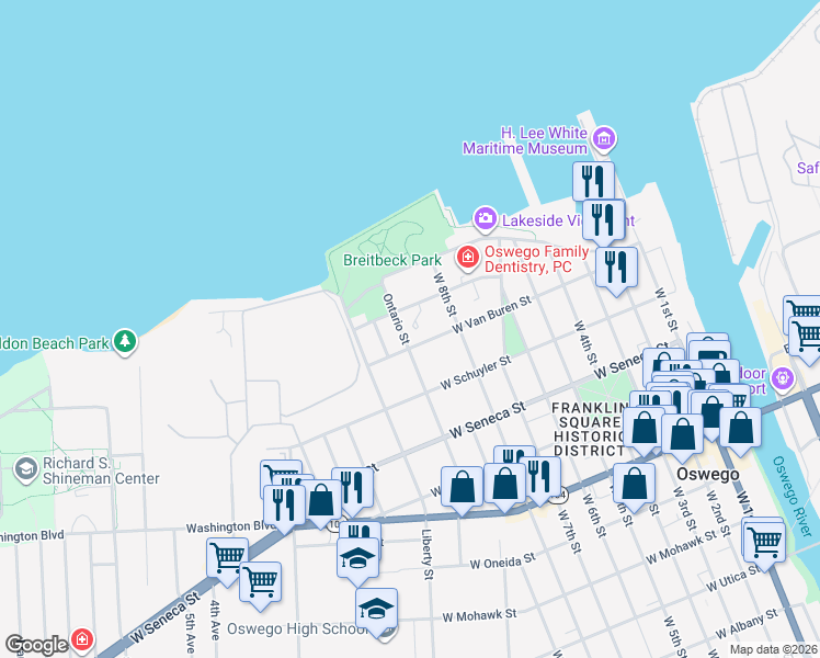 map of restaurants, bars, coffee shops, grocery stores, and more near 108 Madison Avenue in Oswego