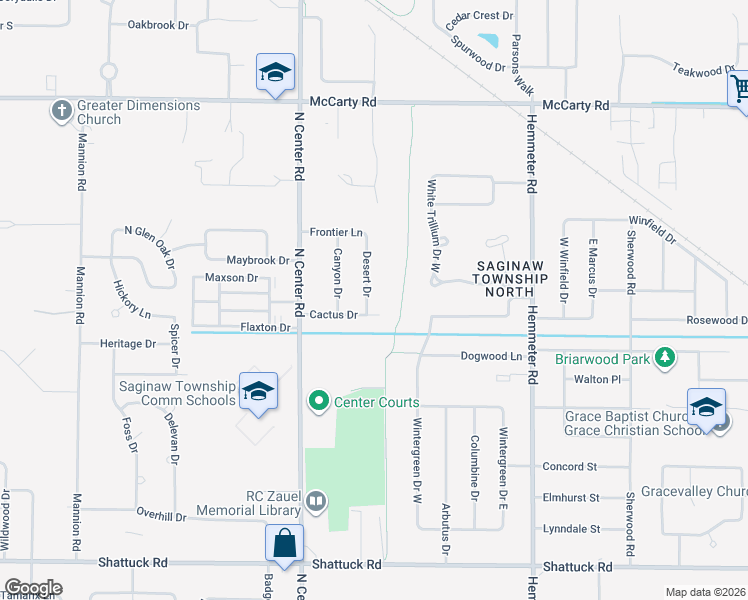 map of restaurants, bars, coffee shops, grocery stores, and more near 3596 Desert Drive in Saginaw
