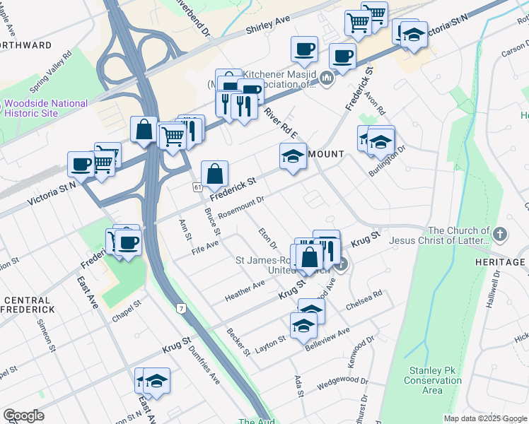 map of restaurants, bars, coffee shops, grocery stores, and more near 21 Islington Avenue in Kitchener