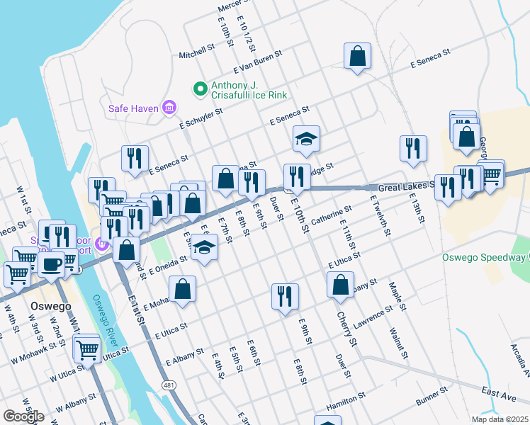 map of restaurants, bars, coffee shops, grocery stores, and more near 183 East 9th Street in Oswego