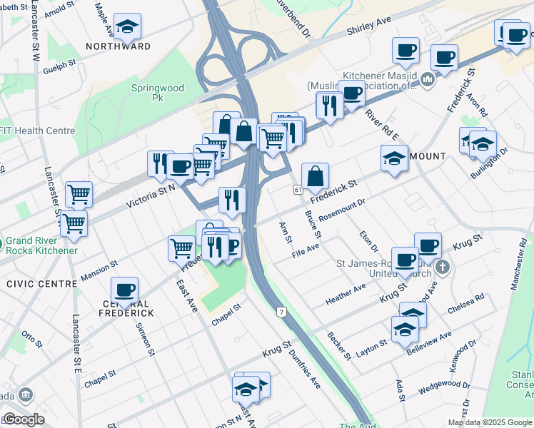 map of restaurants, bars, coffee shops, grocery stores, and more near 510 Frederick Street in Kitchener