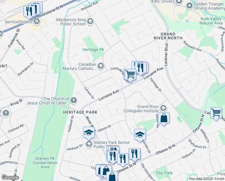 map of restaurants, bars, coffee shops, grocery stores, and more near 120 Lorraine Avenue in Kitchener