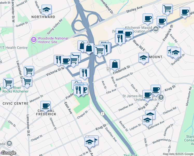 map of restaurants, bars, coffee shops, grocery stores, and more near 510 Frederick Street in Kitchener