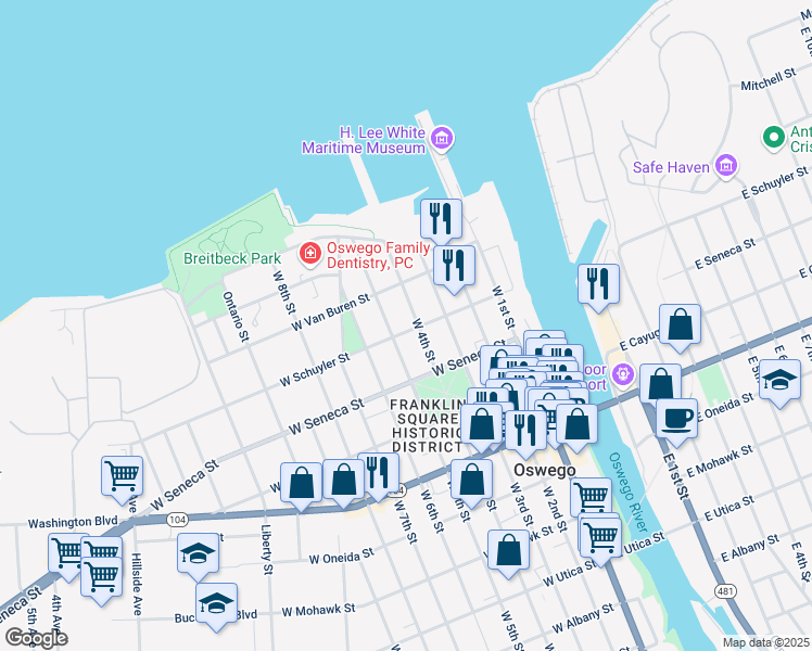 map of restaurants, bars, coffee shops, grocery stores, and more near 49 West 4th Street in Oswego