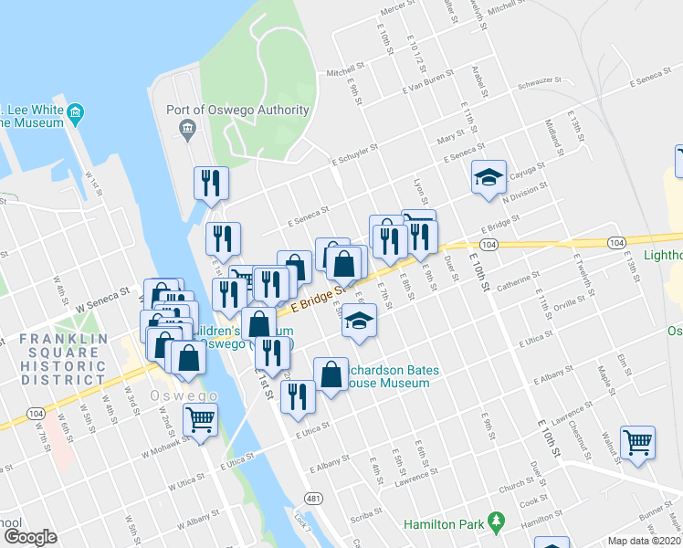 map of restaurants, bars, coffee shops, grocery stores, and more near 66 East 6th Street in Oswego