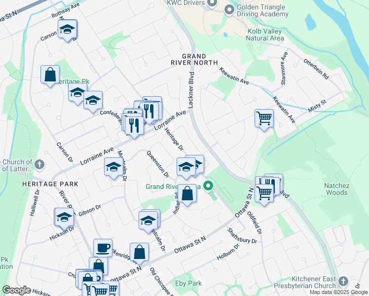 map of restaurants, bars, coffee shops, grocery stores, and more near 390 Heritage Drive in Kitchener