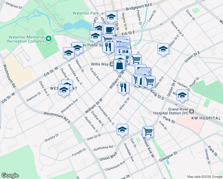 map of restaurants, bars, coffee shops, grocery stores, and more near 55 William Street West in Waterloo