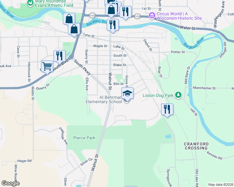 map of restaurants, bars, coffee shops, grocery stores, and more near 727 Walnut St in Baraboo