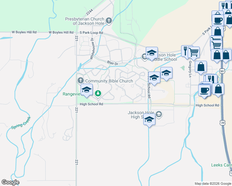 map of restaurants, bars, coffee shops, grocery stores, and more near 3024 Alpine View Ln in Jackson