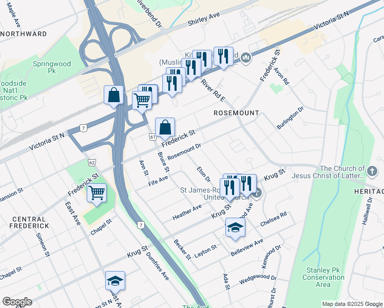 map of restaurants, bars, coffee shops, grocery stores, and more near 21 Islington Avenue in Kitchener