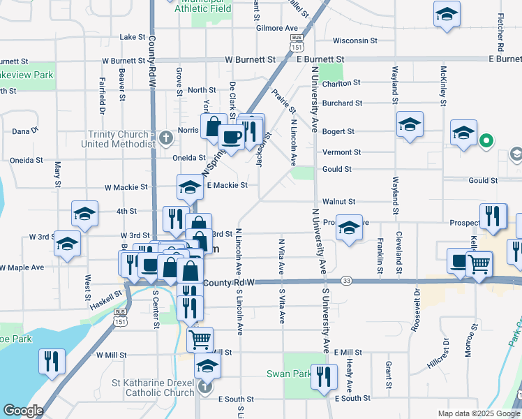 map of restaurants, bars, coffee shops, grocery stores, and more near 327 N Lincoln Ave in Beaver Dam