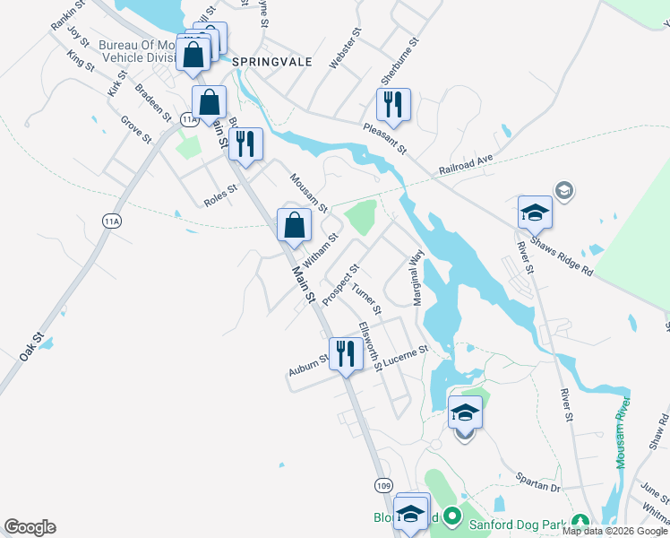 map of restaurants, bars, coffee shops, grocery stores, and more near 15 Rosewood Circle in Sanford