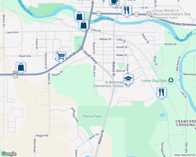 map of restaurants, bars, coffee shops, grocery stores, and more near 106 Hollywood Street in Baraboo