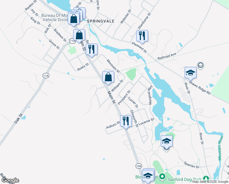 map of restaurants, bars, coffee shops, grocery stores, and more near 15 Rosewood Circle in Sanford