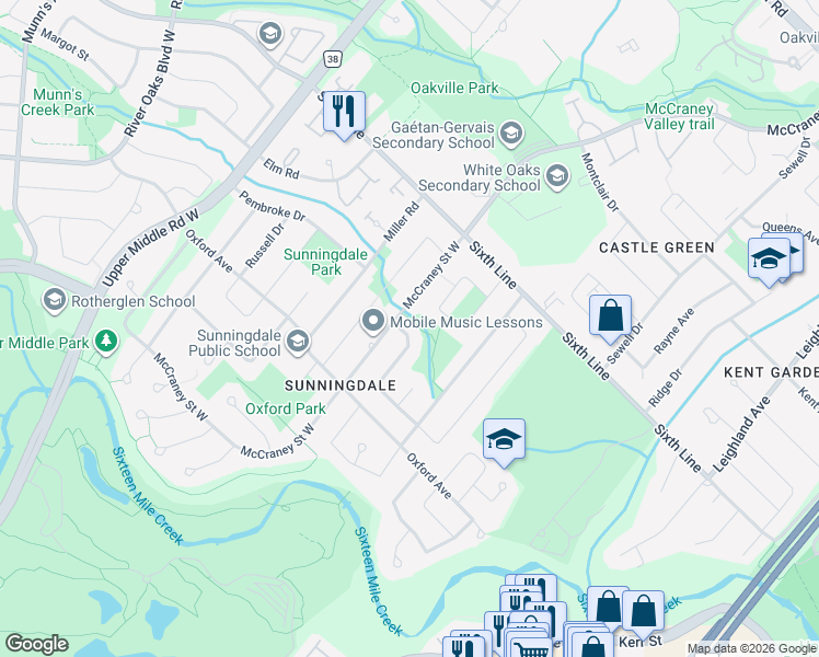 map of restaurants, bars, coffee shops, grocery stores, and more near 1397 Roylen Road in Oakville