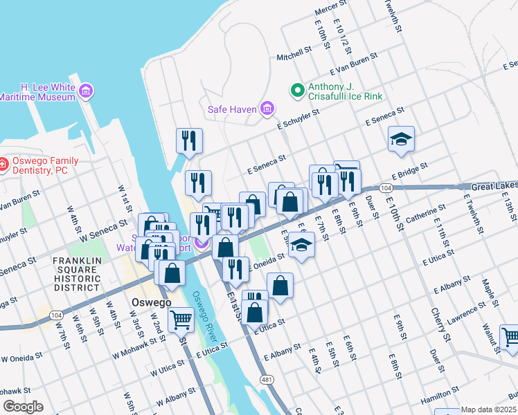 map of restaurants, bars, coffee shops, grocery stores, and more near 57 East 4th Street in Oswego