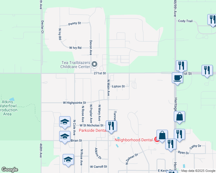 map of restaurants, bars, coffee shops, grocery stores, and more near 1401 North Main Avenue in Tea