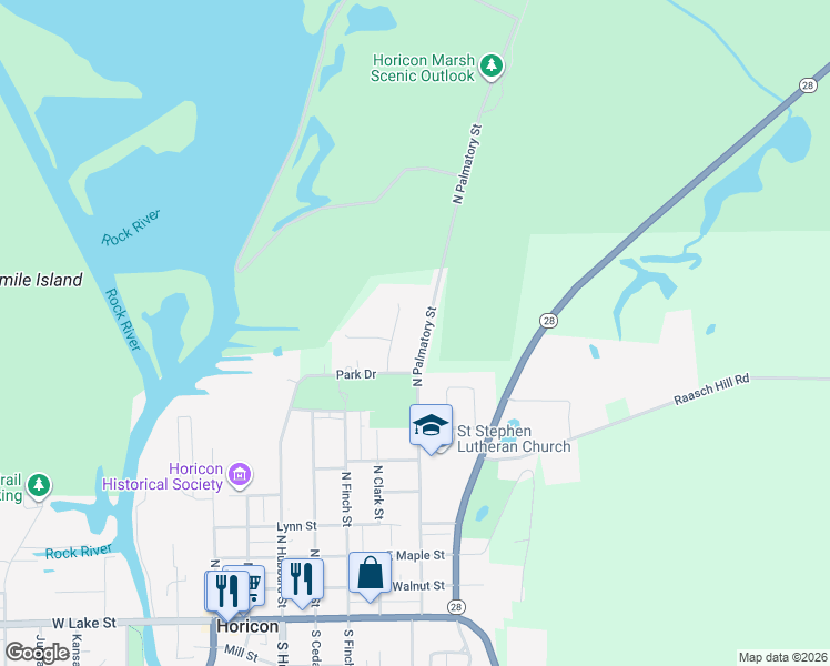 map of restaurants, bars, coffee shops, grocery stores, and more near 908 North Palmatory Street in Horicon