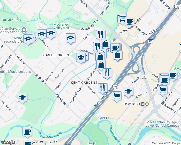 map of restaurants, bars, coffee shops, grocery stores, and more near 149 Leighland Avenue in Oakville