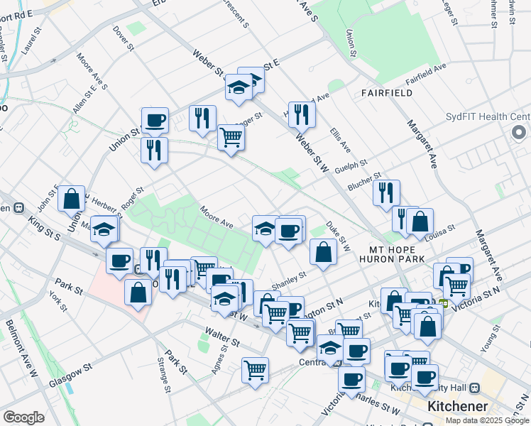 map of restaurants, bars, coffee shops, grocery stores, and more near 40 Guelph Street in Kitchener