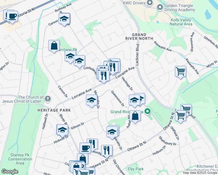 map of restaurants, bars, coffee shops, grocery stores, and more near 50 Queenston Drive in Kitchener