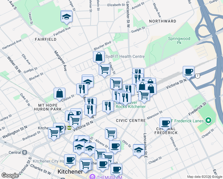 map of restaurants, bars, coffee shops, grocery stores, and more near 331 Wellington Street North in Kitchener
