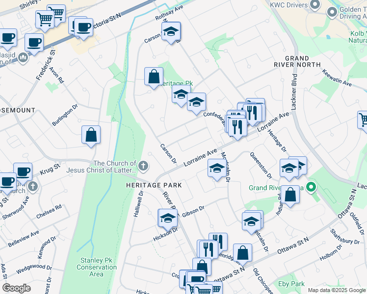 map of restaurants, bars, coffee shops, grocery stores, and more near 151 Strathcona Crescent in Kitchener