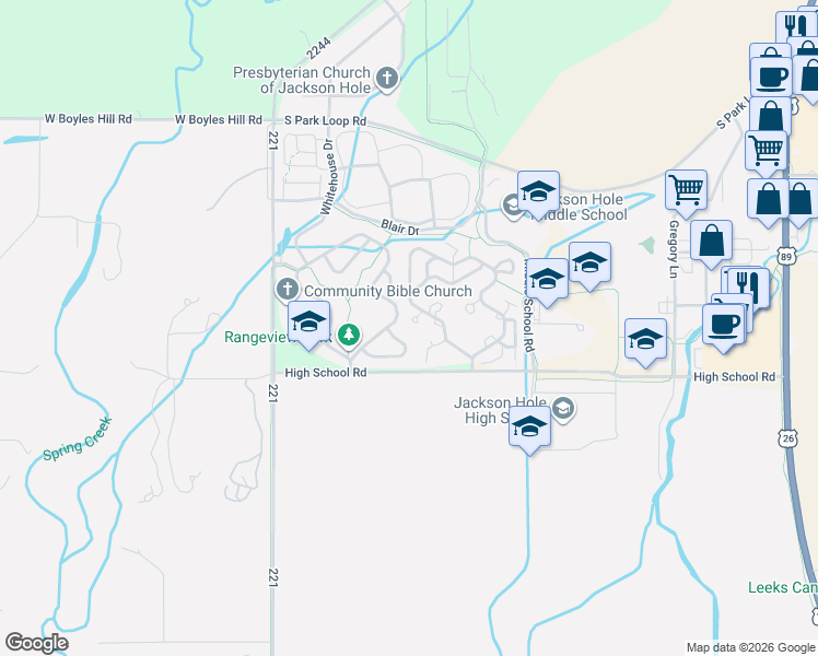 map of restaurants, bars, coffee shops, grocery stores, and more near 3024 Alpine View Lane in Jackson