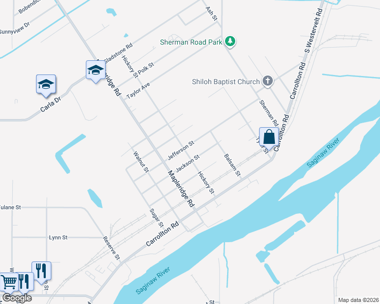 map of restaurants, bars, coffee shops, grocery stores, and more near 526 Hickory Street in Carrollton Township