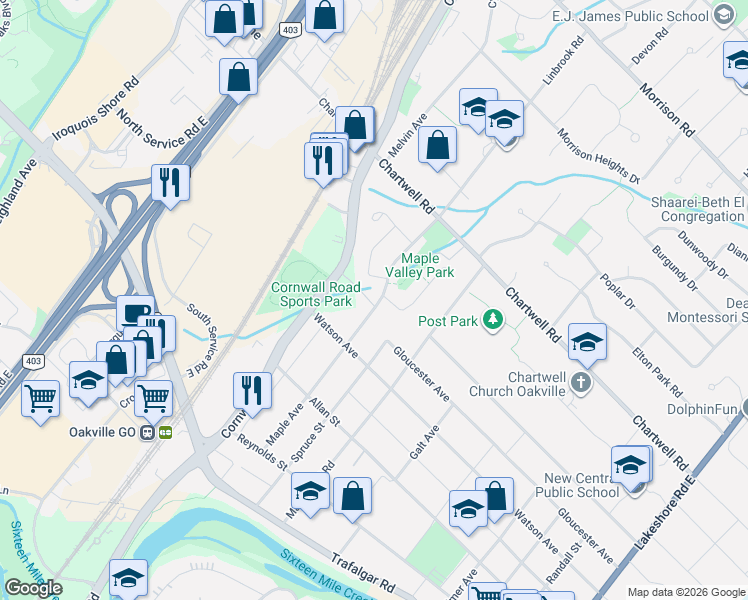 map of restaurants, bars, coffee shops, grocery stores, and more near 461 Maple Avenue in Oakville