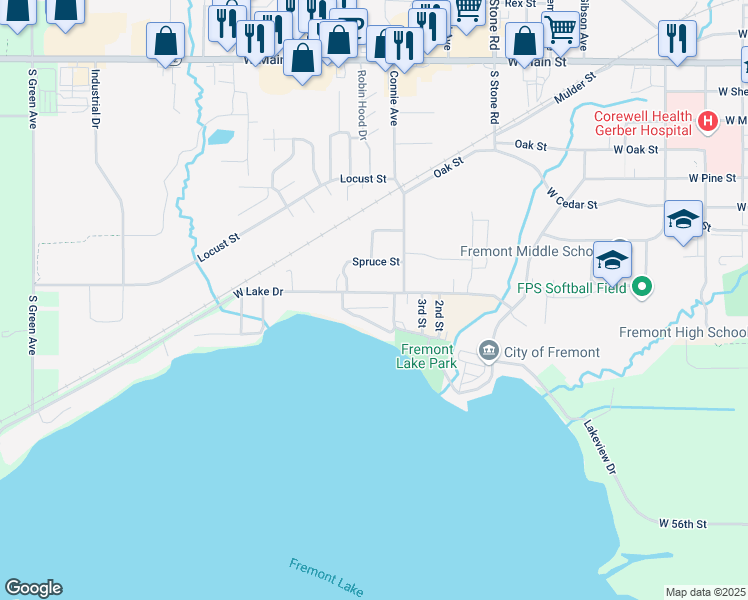 map of restaurants, bars, coffee shops, grocery stores, and more near 6586 West Lake Drive in Fremont