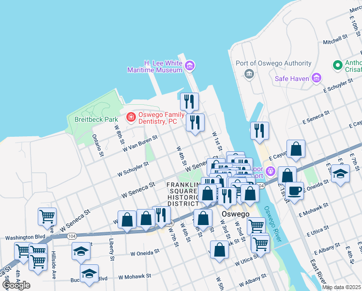 map of restaurants, bars, coffee shops, grocery stores, and more near 49 West 4th Street in Oswego