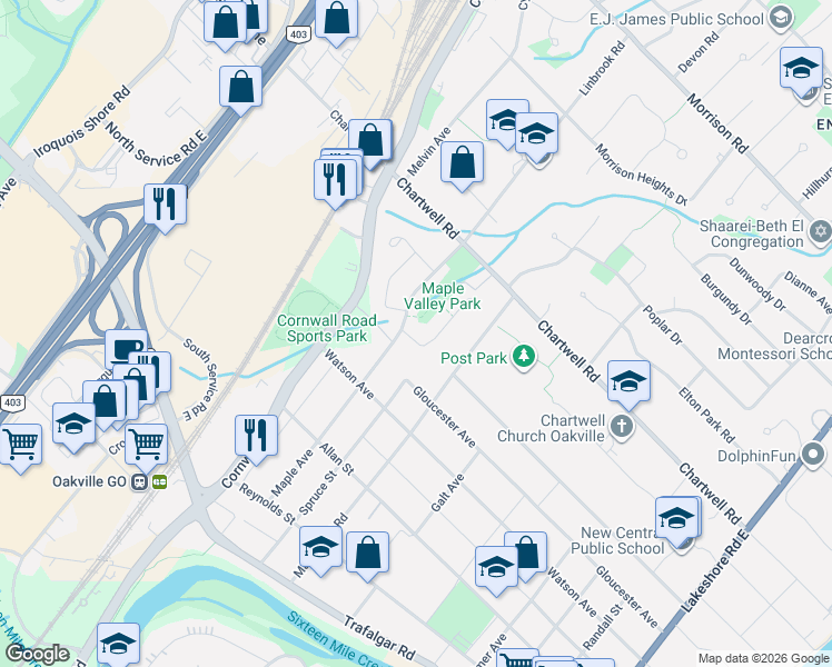 map of restaurants, bars, coffee shops, grocery stores, and more near 467 Anthony Drive in Oakville