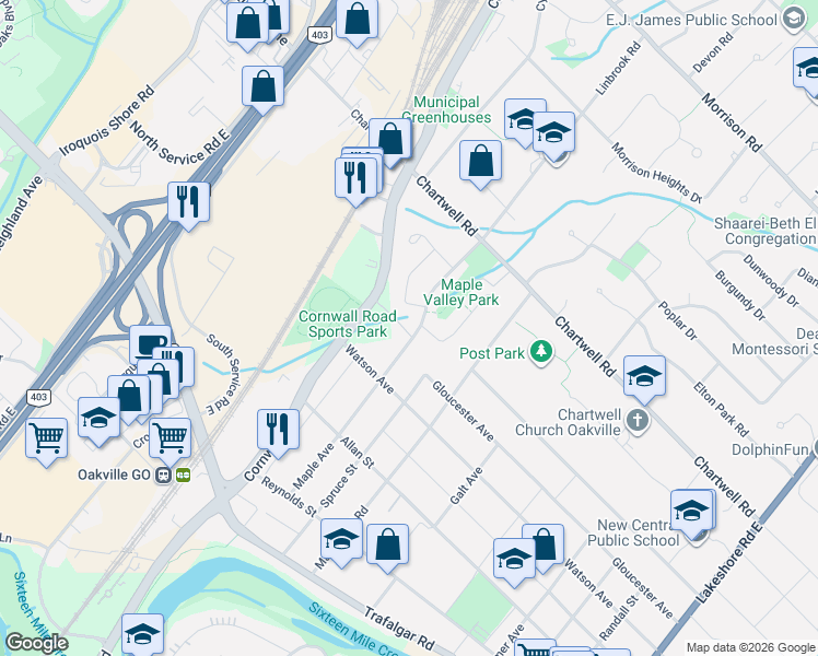 map of restaurants, bars, coffee shops, grocery stores, and more near 461 Maple Avenue in Oakville