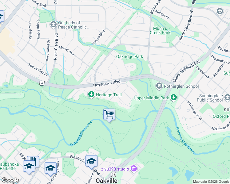 map of restaurants, bars, coffee shops, grocery stores, and more near in Oakville