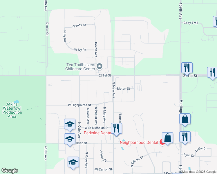 map of restaurants, bars, coffee shops, grocery stores, and more near 1401 North Main Avenue in Tea