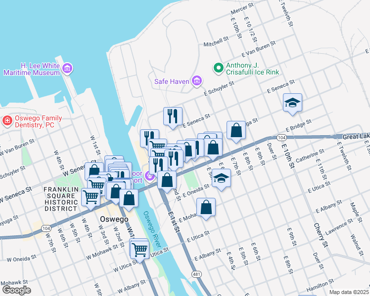 map of restaurants, bars, coffee shops, grocery stores, and more near 36 East Cayuga Street in Oswego